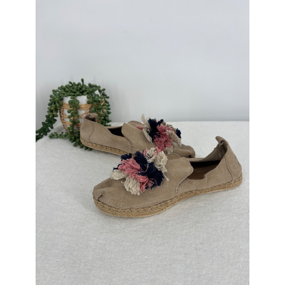 TOMS Alpargata Espadrille Womens Size 7 Tan Suede Multi‎ Color Tassel Pom Pom